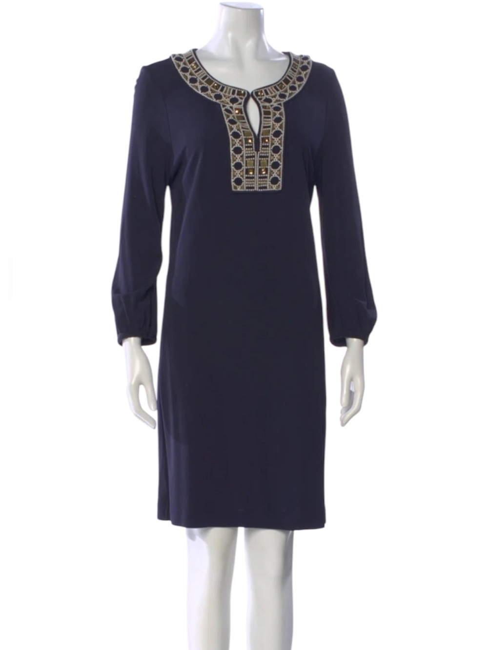 Tory Burch Navy Embellished Neck Long Sleeve Mini Dress Large